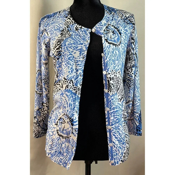 Talbots Blue White Black Geometric Cardigan Sweater Button Up Women’s Size Small - Picture 1 of 6